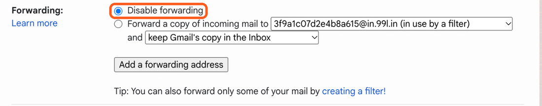 Gmail Forwarding settings with Disable forwarding selected and highlighted.