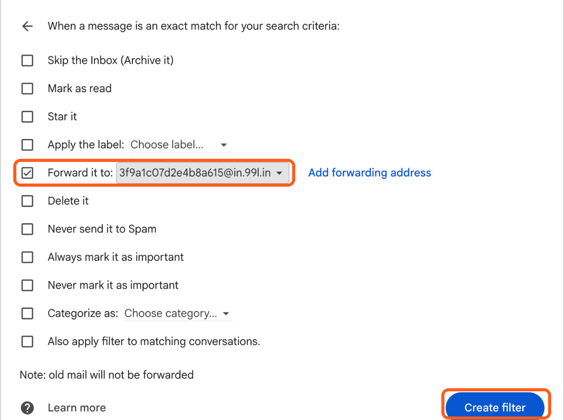 Gmail filter options with Forward it to ticked, the Card Spend address picked, and Create filter highlighted.