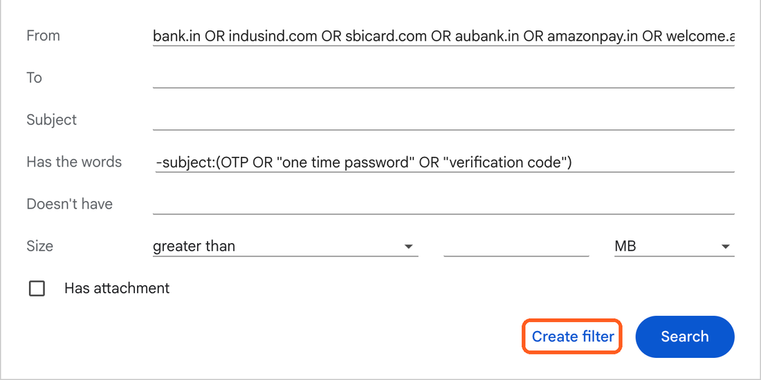 Gmail search box with the bank senders filled in. The Create filter link is highlighted.